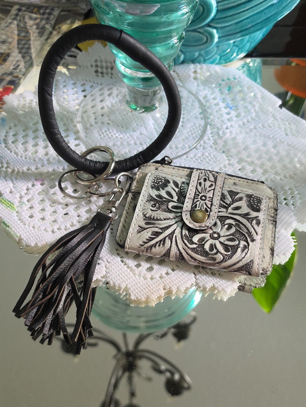 Wrangler Black and Cream Floral Embossed Wristlet Key & Card Holder